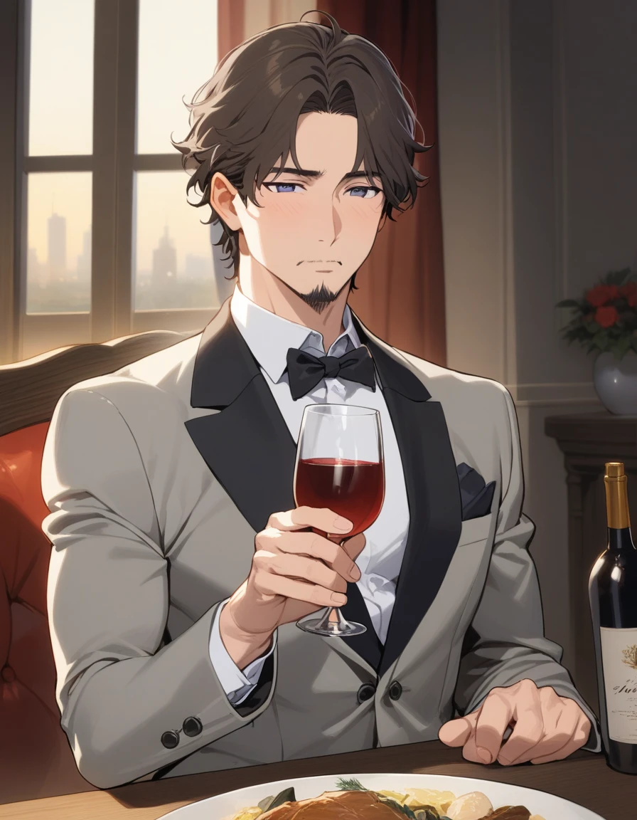 1man, mature male, parted bangs, medium-short hair, brown hair, muscular male celeb, short goatee, short mustache, indigo eyes, gentleman, elegant netori male, BREAK solo, white collared shirt, gray trench coat, black neck ribbon, romantic mood, dinner, holding wine glass, POV, in gentle sasaki style, visual novel, 2010s, extreme all detailed, masterpiece, best quality