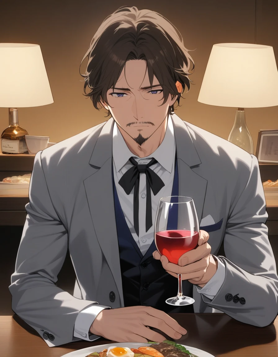 1man, mature male, parted bangs, medium-short hair, brown hair, muscular male celeb, short goatee, short mustache, indigo eyes, gentleman, elegant netori male, BREAK solo, white collared shirt, gray trench coat, black neck ribbon, romantic mood, dinner, holding wine glass, POV, in gentle sasaki style, visual novel, 2010s, extreme all detailed, masterpiece, best quality