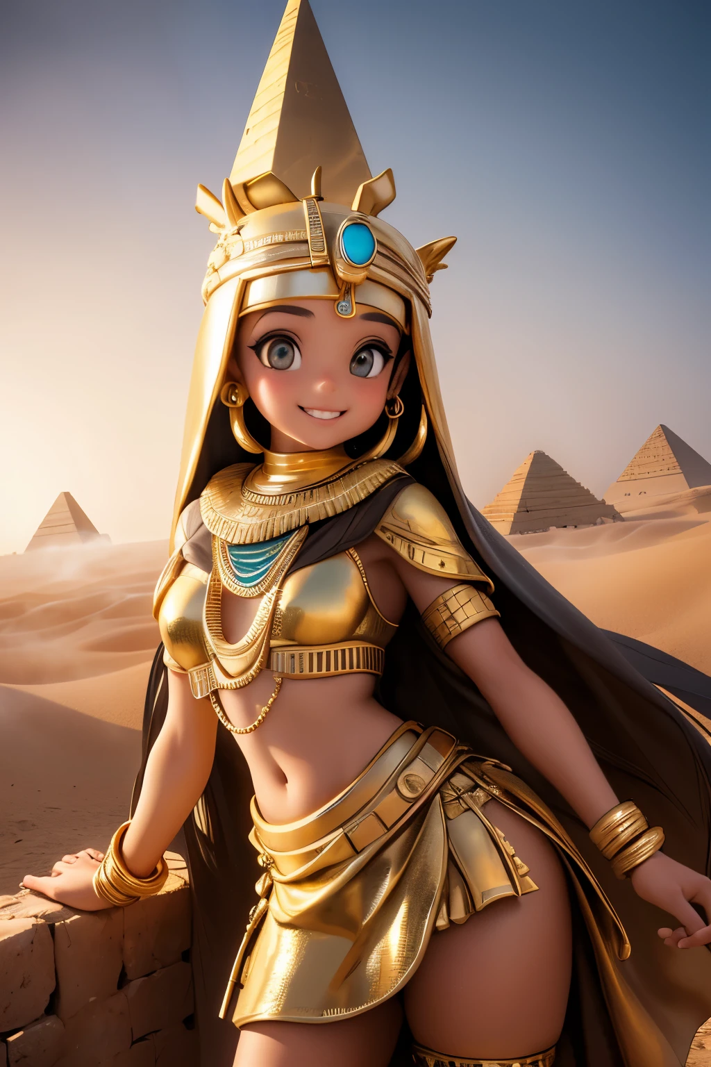 a young girl visiting the egyptian pyramids, smiling, adventurous style, energetic, highly detailed, photorealistic, 8k, hyperrealistic, extremely detailed, cinematic lighting, warm color tones, dramatic shadows, ornate jewelry, intricate clothing details, confident pose, dynamic composition, golden hour lighting, volumetric fog, atmospheric haze