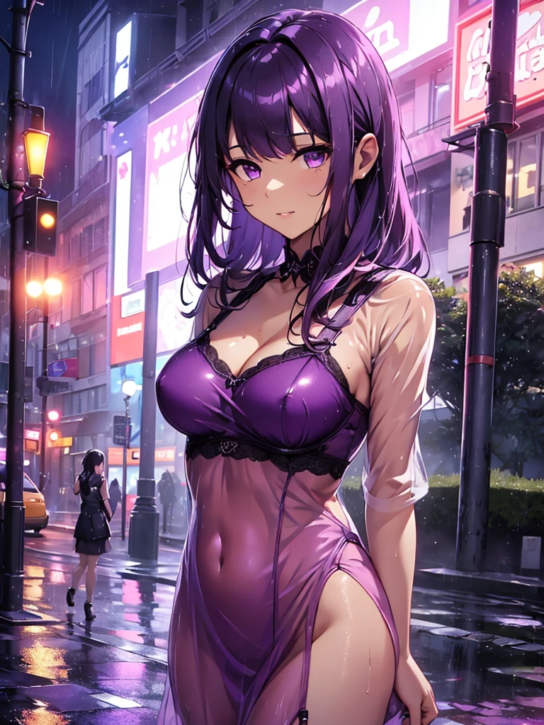 1women, wearing wet frock, wet due to rain, at a street , (bra and panty visible through wet dress), dark purple color medium length hair, purple colour eyes, 8k, high detailed, high quality