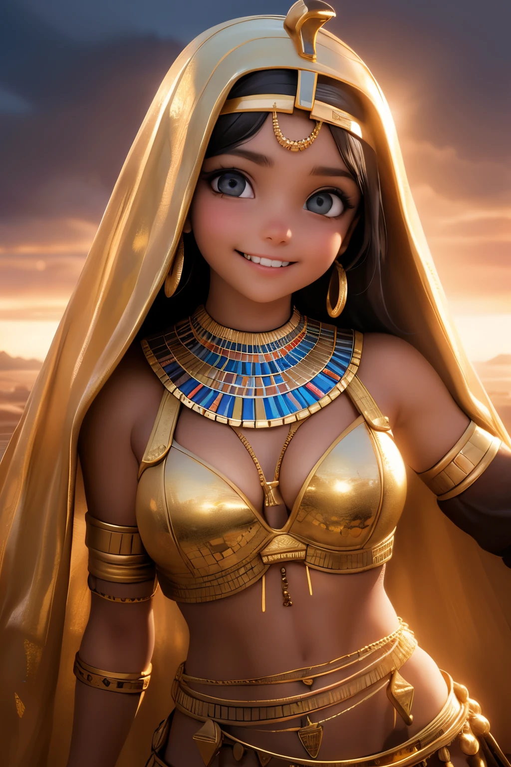 a young girl visiting the egyptian pyramids, smiling, adventurous style, energetic, highly detailed, photorealistic, 8k, hyperrealistic, extremely detailed, cinematic lighting, warm color tones, dramatic shadows, ornate jewelry, intricate clothing details, confident pose, dynamic composition, golden hour lighting, volumetric fog, atmospheric haze