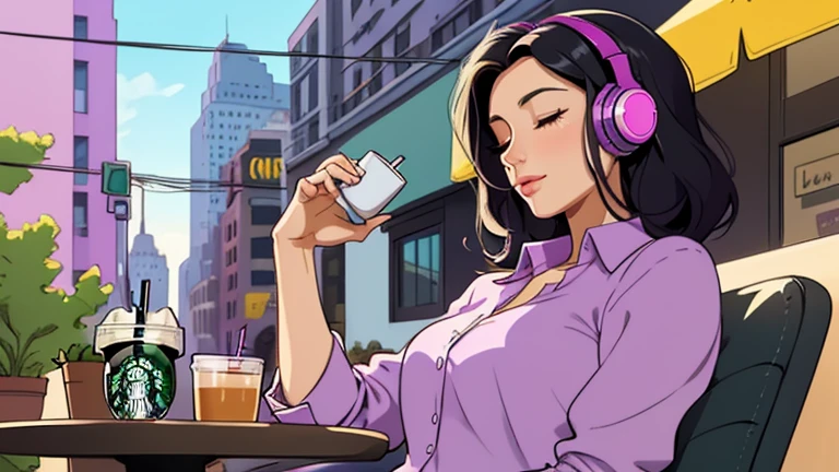 Beautiful woman in her 30s with black hair is sitting with headphones on the cafe terrace. Looking down, eyes closed, LOFI girl, alone in the room, purple blouse, relaxing mood, cozy, only five fingers, new york, Starbucks, colorful, Well-proportioned face