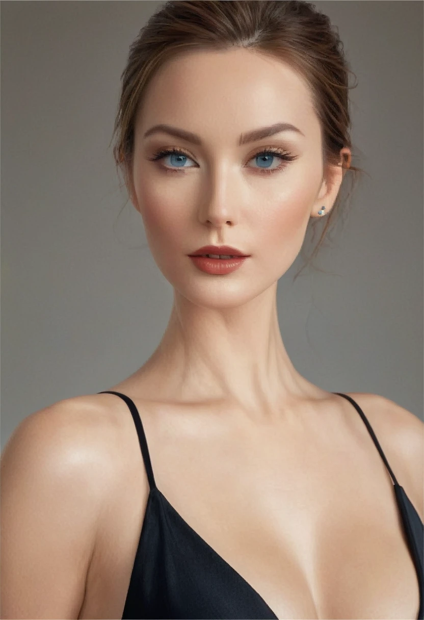 a woman wearing a sleek bodysuit, exuding sensuality as the camera caresses her face, highlighting sharp cheekbones and plush lips. The framing focuses on the subtle curve of her neck, leading the viewer's eye to the tantalizing glimpse of cleavage, creating a visually appealing composition with deliberate playfulness.