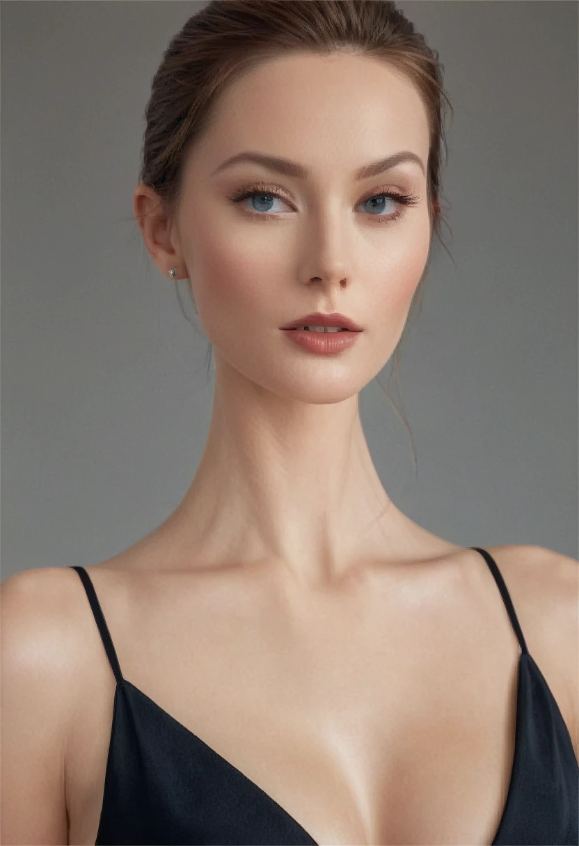 a woman wearing a sleek bodysuit, exuding sensuality as the camera caresses her face, highlighting sharp cheekbones and plush lips. The framing focuses on the subtle curve of her neck, leading the viewer's eye to the tantalizing glimpse of cleavage, creating a visually appealing composition with deliberate playfulness.