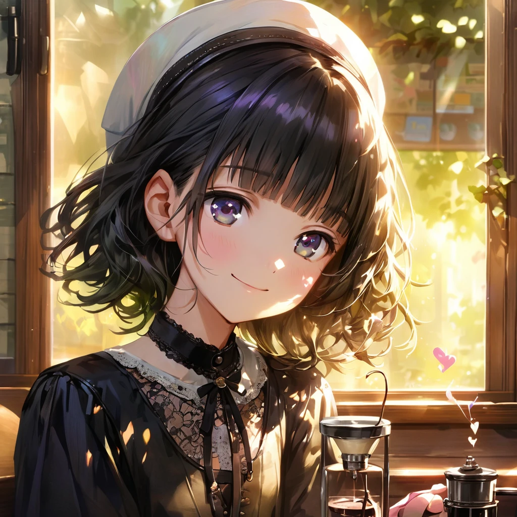 (Cute a girl:1.5), (masterpiece:1.3), anime visual, (Lovey-dovey:1.5), (tilt head:1.3), extremely delicate face, realistic lighting and shading, (an extremely delicate and beautiful art:1.3),15 years old, skinny body shape,big eyes,smiling,blue purpl wavy and blunt bangs hair,green and black eyes,smiling,from front,White brim, black gothic maid outfit, Black knee-high socks,garter belt, leather shoes,morning lit,A retro coffee shop that brews coffee using a siphon,I'm leaning my chin on my hands and looking out the window,