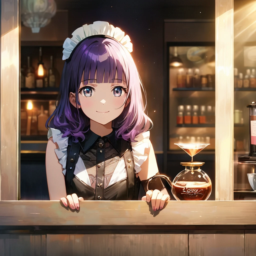 (Cute a girl:1.5), (masterpiece:1.3), anime visual, (Lovey-dovey:1.5), (tilt head:1.3), extremely delicate face, realistic lighting and shading, (an extremely delicate and beautiful art:1.3),, skinny body shape,big eyes,smiling,blue purpl wavy and blunt bangs hair,green and black eyes,smiling,from front,White brim, black gothic maid outfit, Black knee-high socks,garter belt, leather shoes,morning lit,A retro coffee shop that brews coffee using a siphon,I'm leaning my chin on my hands and looking out the window,