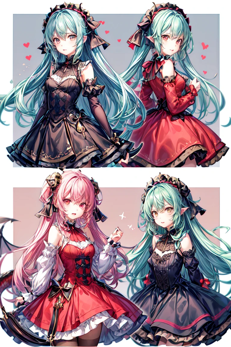 (Character Design Sheet, mismo personaje, Frente, diferentes expresiones) chica dragona rosa, cabello ondulado distintos tonos de rosa con cola de dragona