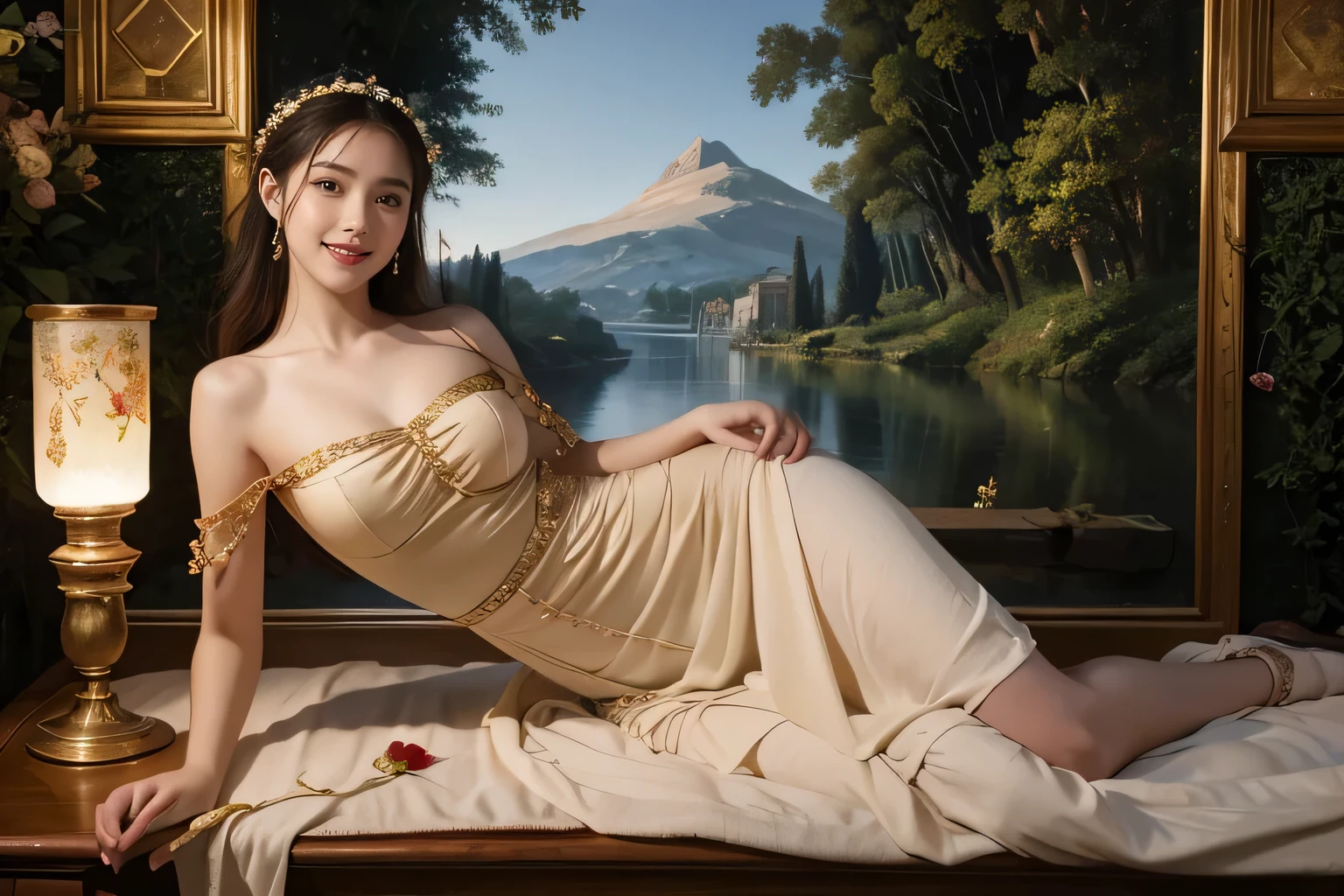 Giorgione painting style,Arguments of two female Philosophe,math、astronomical machine、astronaut、roses in vase、fruits、Cute trinkets、smile、ancient greek costume、Background is a forest lake at night 、Clothes that stretch your shoulders、A big smile、beautiful bare skin、A detailed representation of the seducing woman throughout her body.