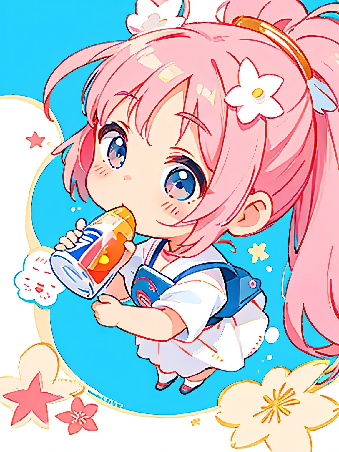 Momoko Sakura style, Kawaii Design, The most beautiful girl of all time、Chibi, drinking, Pepsi