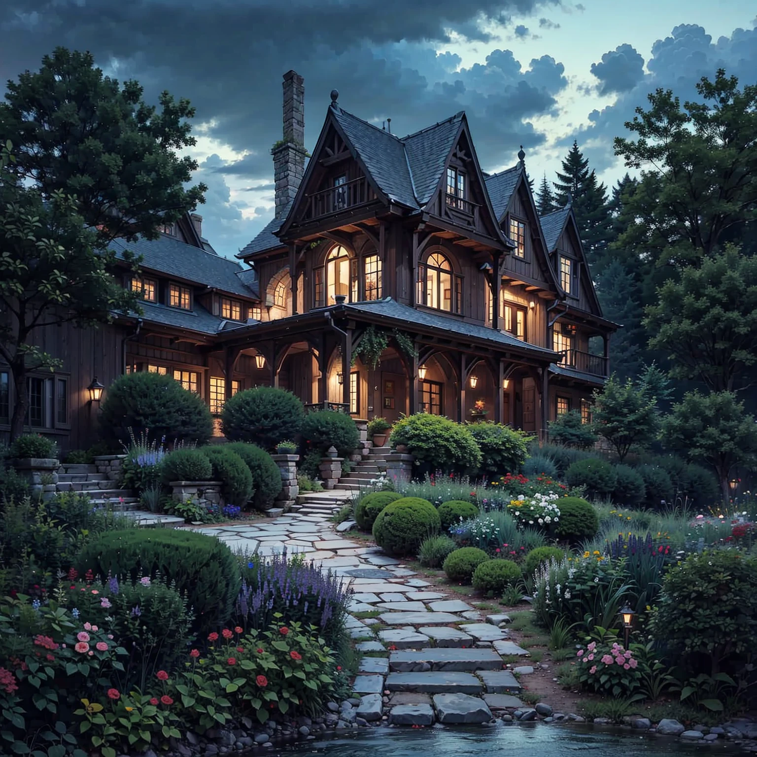 The Romanesque Revival mansion, accessed by a winding stone path, is surrounded by an English garden. There is a dense forest behind the house. There is a dark cloud above the house, which portends a downpour. The lights in the windows are off.