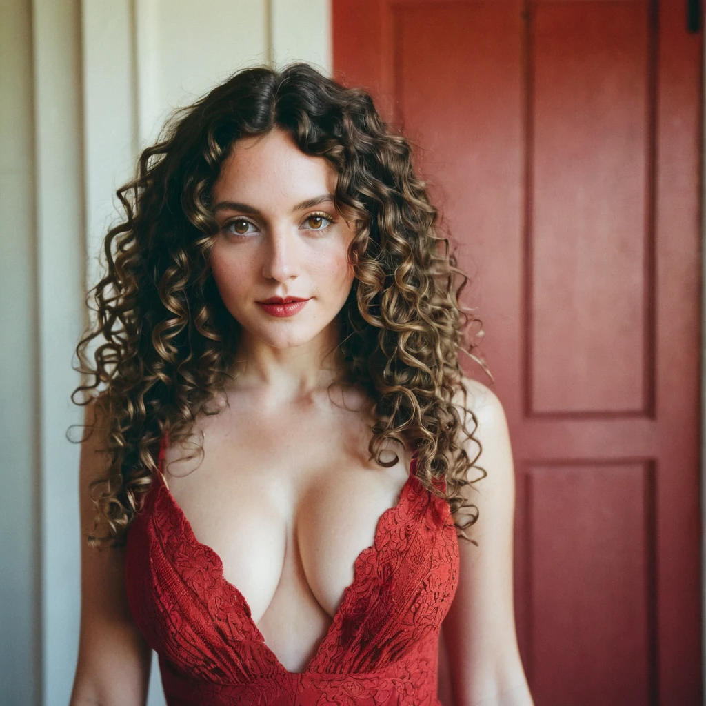[white-skinned woman:1.2, long curly hair:1.2, elegant red sundress, deep neckline, snub-nosed, bright brown eyes], awesome naked breasts, VSCO filter: C8, big nipples