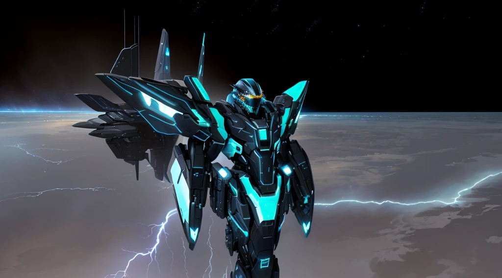 a black colored male transformer with green inserts, symmetrically arranged green parts, on the frontof the body not transparent cabin, on the back - aircraft's wings, arms from elbows to hands look like the front part of a aircraft, wheels are visible on the shoulders, on the legs from knees to the ankle there are aircraft's repulsors and small aircraft's tail wings, no helmet, light blue eyes, two legs, two arms, not a suit, on a background there is an empty dark blue metal desert, no buildings, no structures, dark blue storm clouds, light blue lightning from the clouds, blue river, river to the horizon, electrified river, light blue lightning from the river, space sky, stars in the sky, composition on the metal planet, big metalic planet, dark-blue metal, shiny metal, cybertron, mechanical planet, empty wasteland, dark blue storm clouds, light blue lightning from clouds, blue river, river to horizon, electrized river, light blue lightning from river, space sky, stars on the sky, realistic, watercolor, 4k, high quality, hight attention to details, concept art, concept art by Chris Mowry.
