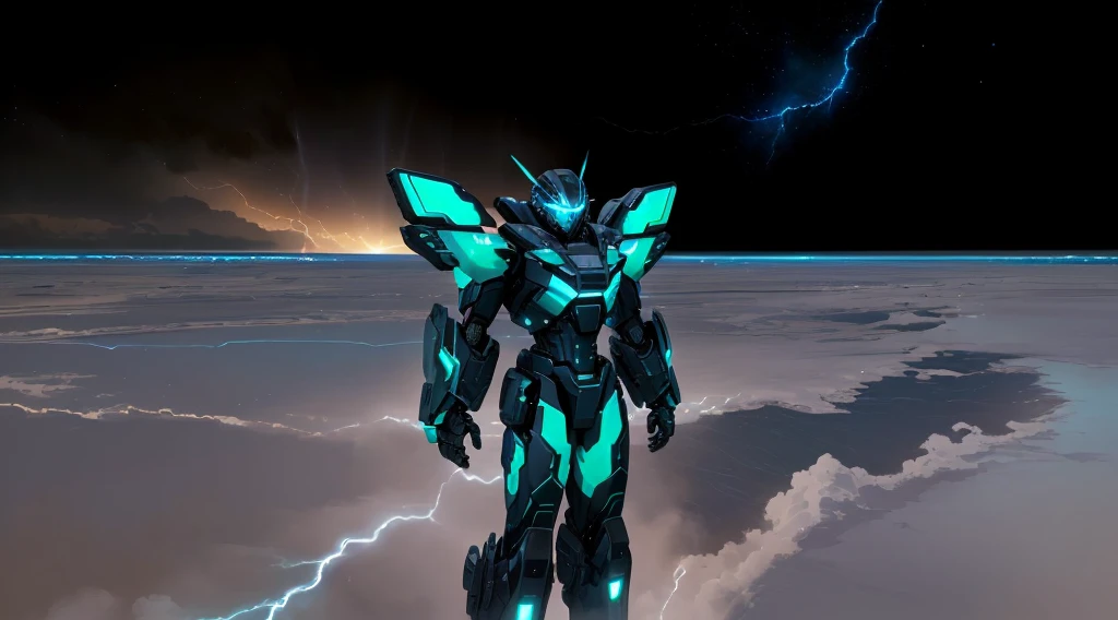 a black colored male transformer with green inserts, symmetrically arranged green parts, on the frontof the body not transparent cabin, on the back - aircraft's wings, arms from elbows to hands look like the front part of a aircraft, wheels are visible on the shoulders, on the legs from knees to the ankle there are aircraft's repulsors and small aircraft's tail wings, no helmet, light blue eyes, two legs, two arms, not a suit, on a background there is an empty dark blue metal desert, no buildings, no structures, dark blue storm clouds, light blue lightning from the clouds, blue river, river to the horizon, electrified river, light blue lightning from the river, space sky, stars in the sky, composition on the metal planet, big metalic planet, dark-blue metal, shiny metal, cybertron, mechanical planet, empty wasteland, dark blue storm clouds, light blue lightning from clouds, blue river, river to horizon, electrized river, light blue lightning from river, space sky, stars on the sky, realistic, watercolor, 4k, high quality, hight attention to details, concept art, concept art by Chris Mowry.