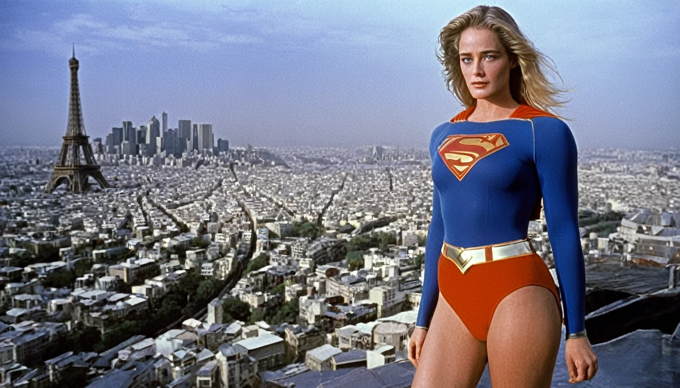 old strong Cybill Shepherd Supergirl 2024 (masterpiece), (best quality), (photorealistic:1.3), 8k, detailed skin texture, detailed cloth texture, beautiful detailed face, intricate details, ultra detailed; ; Realistic photo of Paris traffic 3m1l14c-v2 2024; old and strong Cybill Shepherd(((Beautiful, Big Butt, Busty, Sexy and Powerful))) as 1984 Supergirl costume (((2020 Supergirl Movie))), floating above the Torre Eiffel (((FLYING OVER THE CARS))); Cybill Shepherd as Supergirl 1984 (Best Quality,4k,8k,High,Masterpiece:1.2)Bright lighting, seen from above; satellite, 1984 Supergirl(For the up and away), powerful, Cybill Shepherd with wet body, scene from the 1984 film Supergirl, determined, confident, imposing woman; airbender.; by George Peres