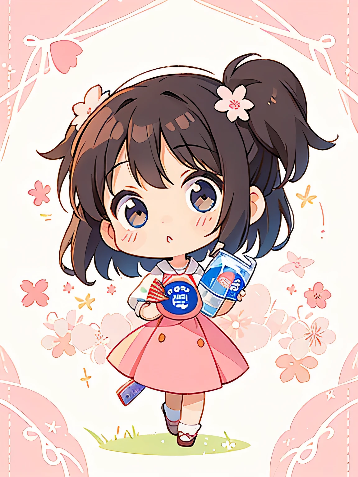 Momoko Sakura style, Kawaii Design, The most beautiful girl of all time、Chibi, drinking, Pepsi