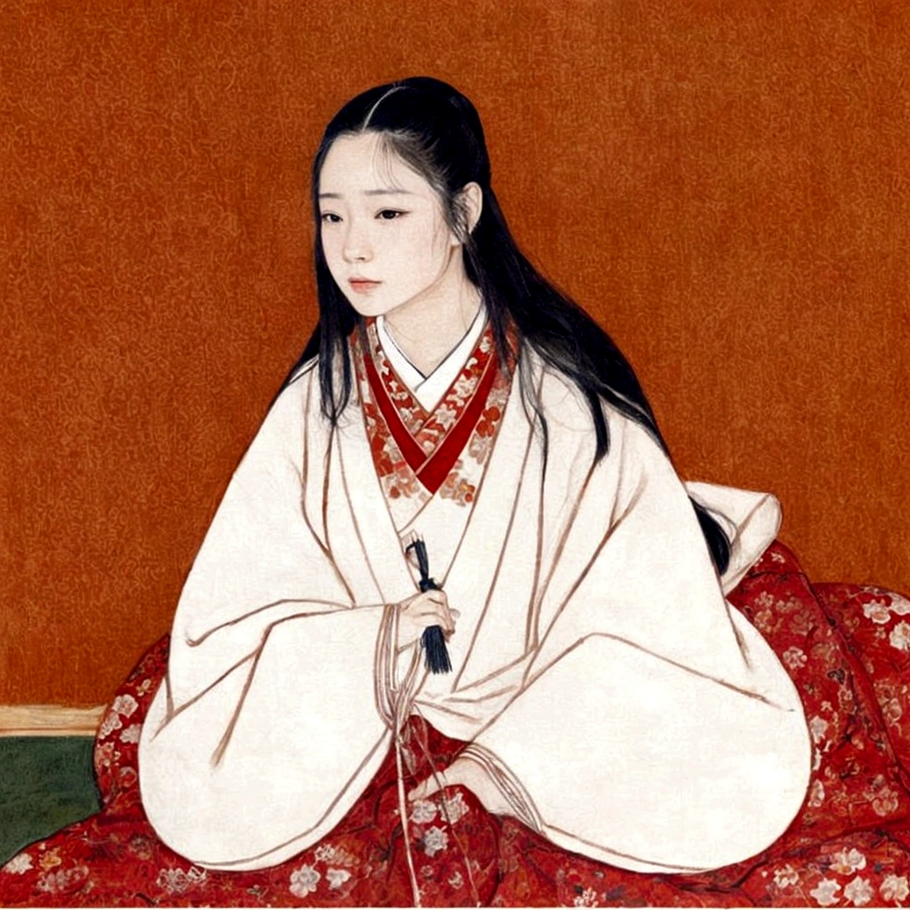 A painting of a woman sitting on a bed with a red blanket, by Kazumasa Miyagawa, by Shigenobu Yanagawa, by Takanobu Kano, by Kano Masanobu, by Flower Room One Long II, by Fujiwara Takanobu, by Sawa Sekkyō