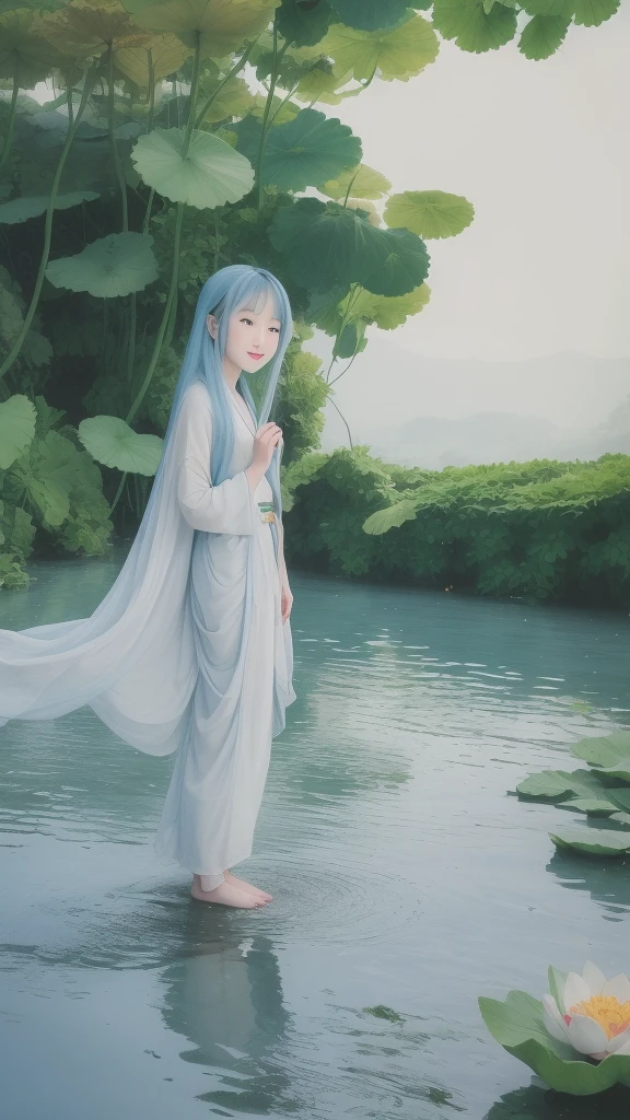 ((4K,masterpiece,highest quality)), Shui Movissim, Traditional Chinese Ink Painting, Lotus, kimono, Maxi Kit, A girl dressed modestly, alone, Long Blue Hair, smile, Are standing, Soak your feet in water, barefoot,
