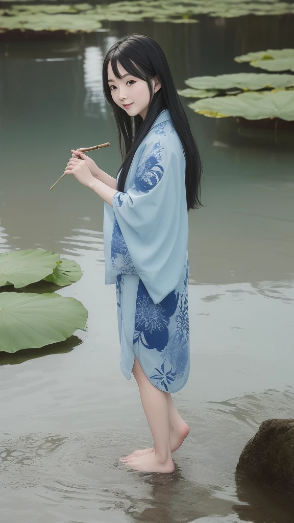 ((4K,masterpiece,highest quality)), Shui Movissim, Traditional Chinese Ink Painting, Lotus,  kimono, Maxi Kit, A girl dressed modestly, alone, Long Blue Hair, smile, Are standing, Soak your feet in water, barefoot,
 