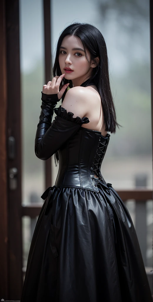 award winning RAW color photo of victorian era vampire cherrynobodysd15+ wearing black dress leather corset, dark foggy village, night ominous dark foreboding, mist, moonrays, vivid alluring eyes, pale skin, (black hair)+, shallow depth of field, high contrast, backlighting, bloom, chromatic aberration, smooth, sharp focus, taken on a mirrorless camera