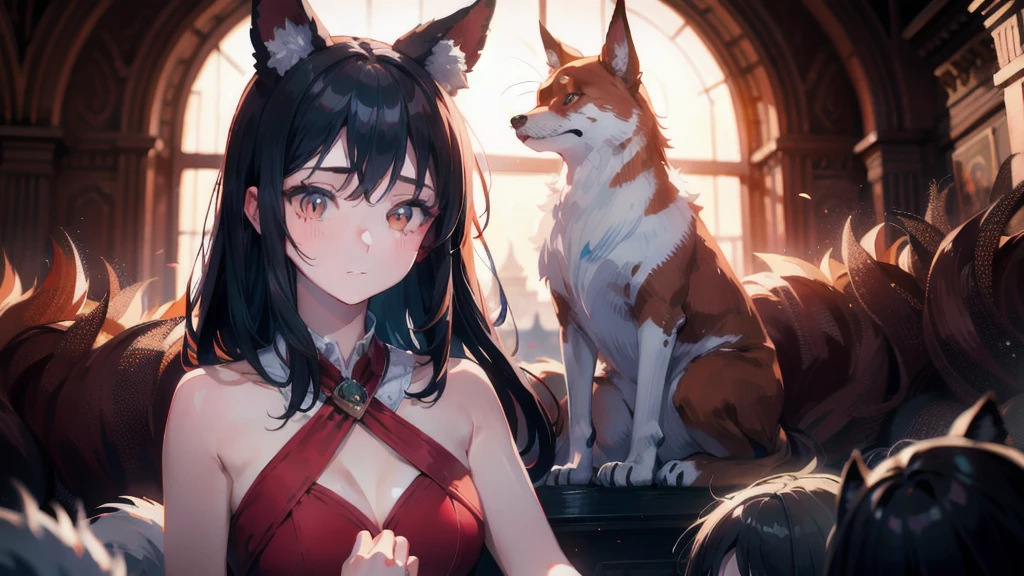 Best quality, highly detailed, masterpiece, ultra detailed, (1 girl, (detailed background), delicate eyes, ), girl with orange hair and fox ears, red eyes, wearing red dress with opecn hest, romance scene, dinamic lighting, dinamic effect, cinematic light, anime screenshot