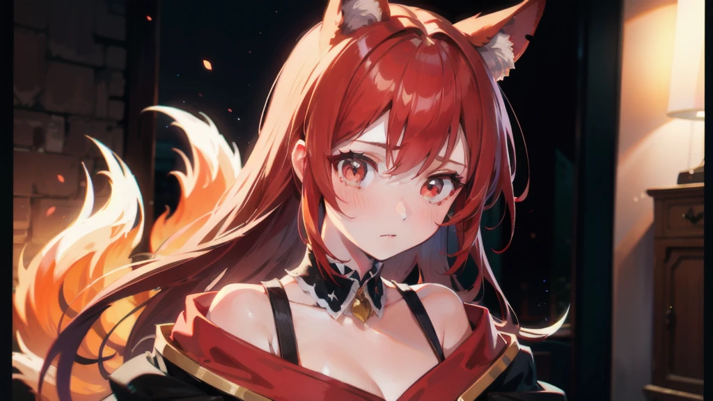 Best quality, highly detailed, masterpiece, ultra detailed, (1 girl, (detailed background), delicate eyes, ), girl with orange hair and fox ears, red eyes, wearing red dress with opecn hest, romance scene, dinamic lighting, dinamic effect, cinematic light, anime screenshot