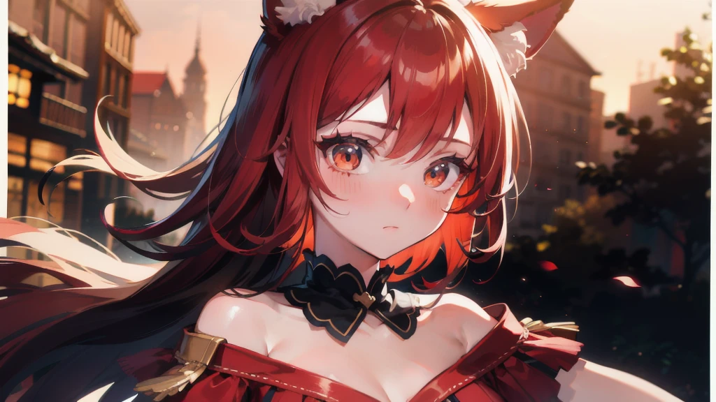 Best quality, highly detailed, masterpiece, ultra detailed, (1 girl, (detailed background), delicate eyes, ), girl with orange hair and fox ears, red eyes, wearing red dress with opecn hest, romance scene, dinamic lighting, dinamic effect, cinematic light, anime screenshot