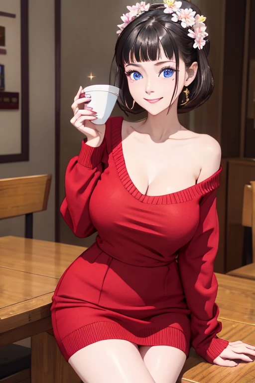 (((Masterpiece))),(((Super Detail))),(((in 8K))),(((best composition))),(((Rim lighting,Fireglow effect,deep shadow))),solo),Beautiful fingers,Detailed finger features,(Detailed hair features:1.7),(Dynamic and sexy bending pose:1.3),detailed facial features,detailed clothes features, (perky chest:1.1), (pointed chest:1.3), delicate beautiful face, Bright blue eyes, cute eyes, sparkling eyes, Big eyes, beautiful detailed eyes,double bun with glittering hair ornament:0.6,(super detailed glossy skin:1.3),slender body,goddess smile,((with sparkling eyes and a contagious smile)),beautiful posture,have a cup of coffee,black hair, red eyes, dress, bare shoulders, jewelry, collarbone, sidelocks, hairband, earrings, indoors, off shoulder, sweater, arms behind back, plant, short hair with long locks, white hairband, off-shoulder dress, sweater dress, off-shoulder sweater, red sweater, big side hair, very long side hair,(super delicate floral pattern:1.2),seductive cleavage:1.3,beautiful glossy legs,shiny red high heels,lifting dishes with cakesd,french restaurant,hustle and bustle,rising steam,(((depth of fields)))
