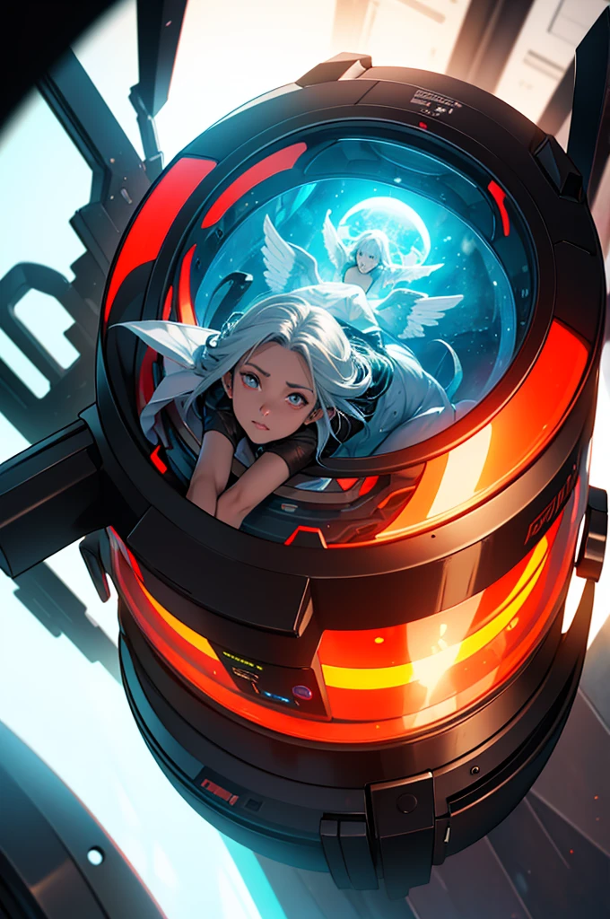 A futuristic embryonic capsule with (demons and angels inside),oil,realista,HDR,Altas Resoluciones,Ultra detallado,profesional,Studio lighting,physically based representation,vivid colors,Retratos,sharp focus,paleta colorida,soft warm lighting.