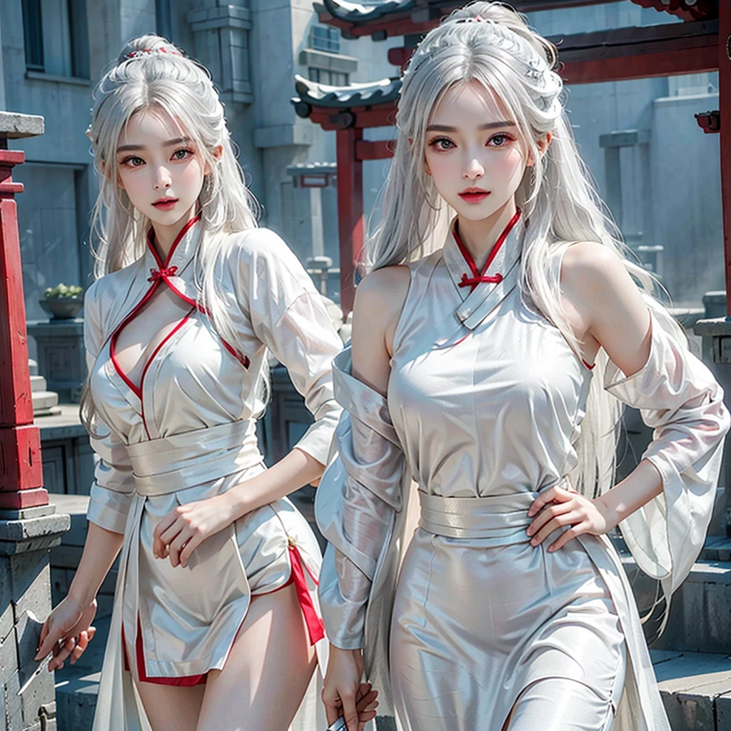 Reality, high resolution, Soft lighting, 1 female, shiny skin, Delicate skin, Solitary, Hip lift, Look at the audience, (Delicate face), white hair, long hair, Red Chinese wedding hanfu