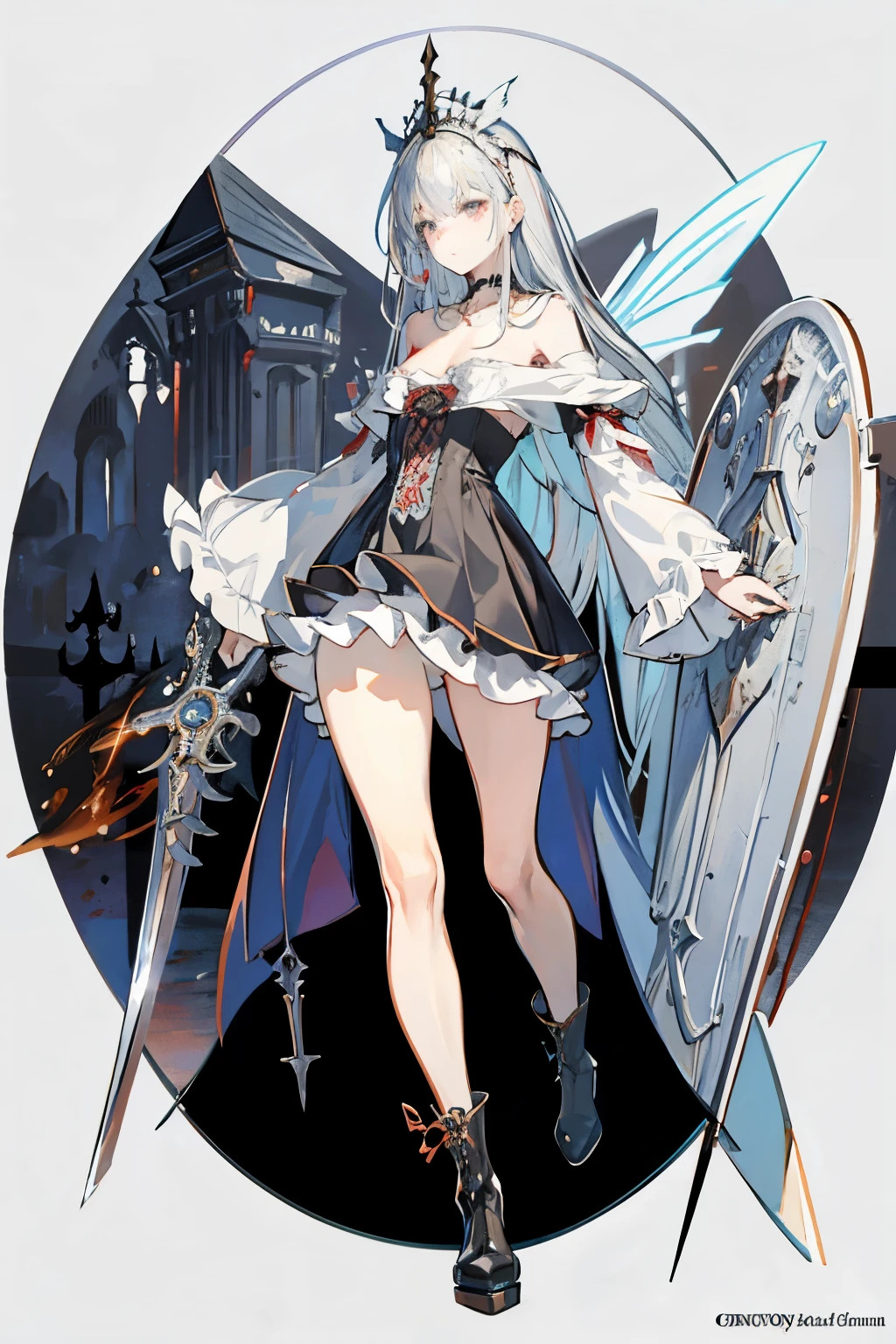  ((best quality)), ((masterpiece)), (detailed), 1girl, Character design, female, dynamic poses, long white grey hair, grey white eyes, very skinny, detailed, best quality, no accesoires around the neck, no shoes, prominent collarbones, skinny arms, flat stomach, visible hip bones, full body, blank white background, plain background, white background, red and white clothing, Bloodborne inspired, occult aesthetic, occult, detailed and intricate steampunk and detailed gothic, NSFW, Very dramatic and cinematic lighting, cosmic horror, grim-dark, side-lighting, perfect face, NSFW, Fluttering lace flared long knee length dress with frilly petticoats, knee length dress, pleated petticoats, petticoats gothic, complex lace boots, side-lighting, gothic aesthetic, wielding a mighty sword with mechanical components, mandalas, a fairy, various different types of insect wings, NSFW, full body, whole body, body, plain background, white background, blank background, no background, white background NSFW, chains, full body, whole body, head-to-toe NSFW 