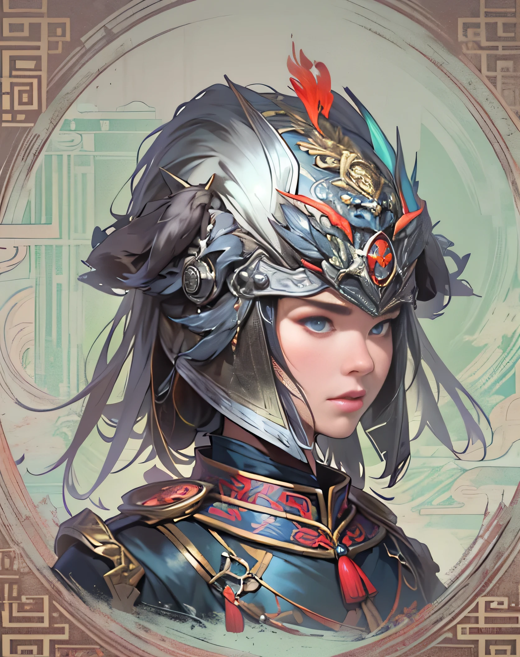 chinese style, female general&#39;s helmet, silver armored helmet, colorful design, helmet lying on the floor, Silver and black ensemble, Oriental female general&#39;s helmet, Cartoon style