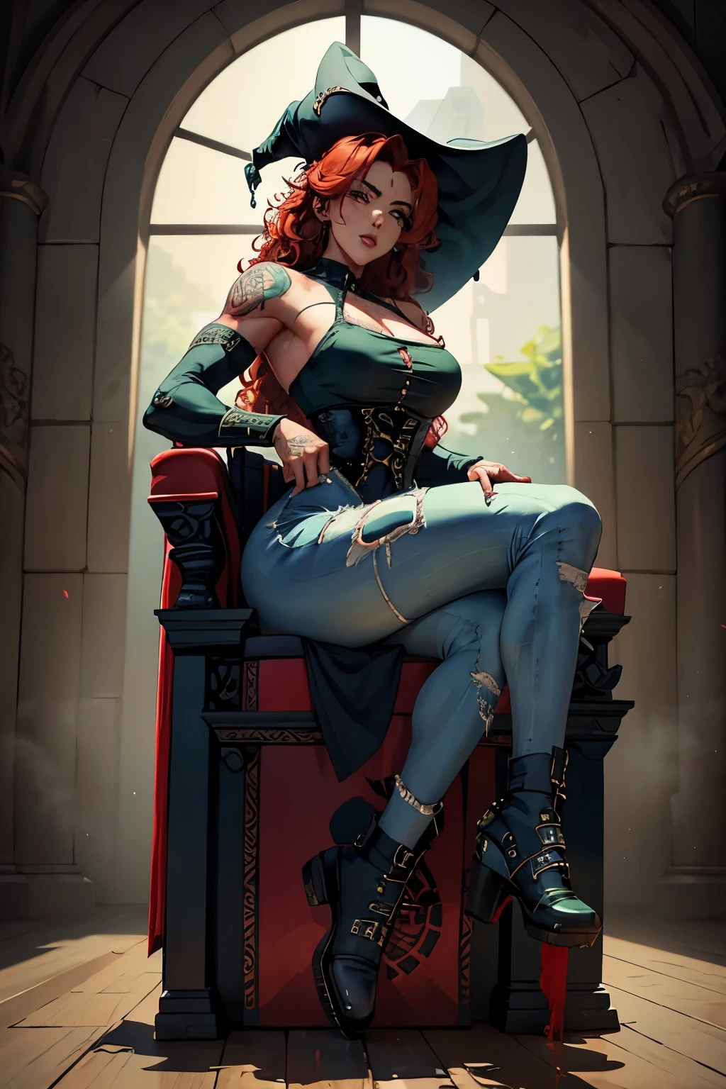 Red Head Girl with curly hair and tattoos of roses in shoulders and forearms,(((Full Body))) wearing blue top and ripped jeans, (((Sitting on a Throne))), sunglasses, carrying a katana. ((Sexy legs)) She has one eye of each color: Green on The light, blue on The left. Witch/Celtic wearstyle, in Brazil. The scene should be in Cinematic's distinctive real life style, focusing on the characters' expressions, colors naturals and detailed textures characteristic of the animations.
