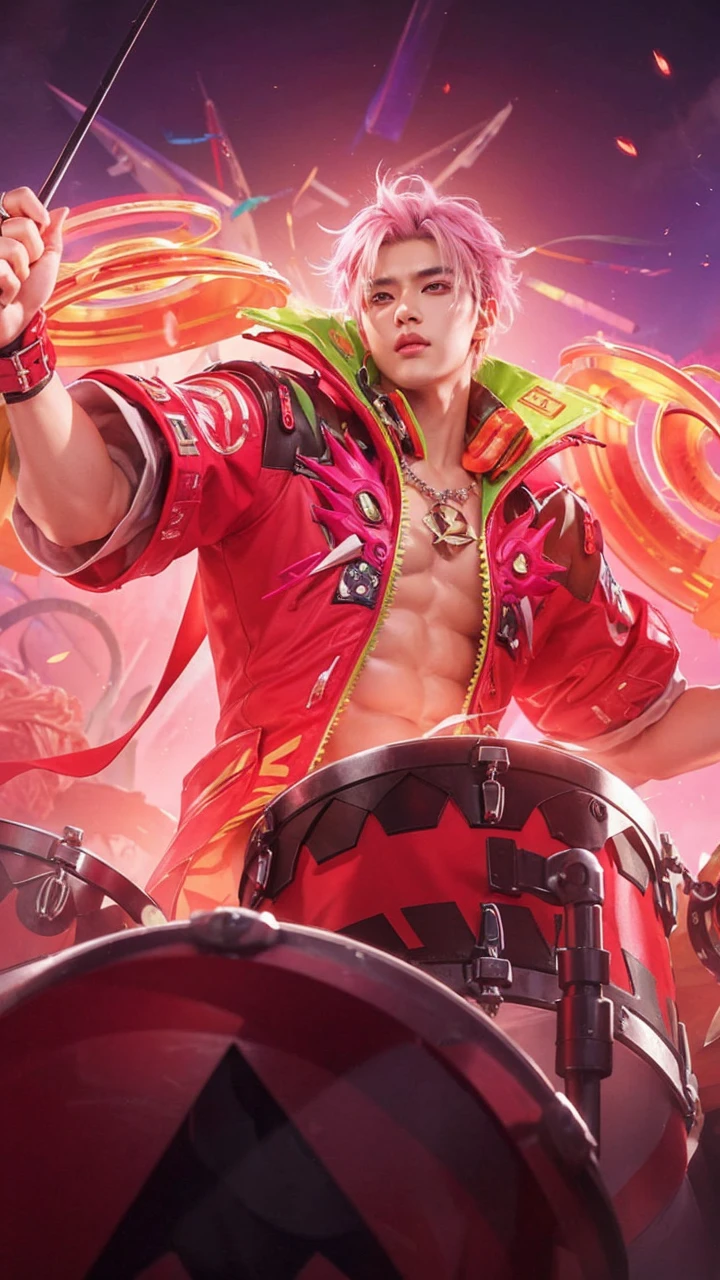 real life adaption of this character, Korean handsome face,realistic outfit,detailed eyes ,realistic spiky pink and black hair,realistic background,hyper realistic,realism,realistic light, realistic shadow,(photorealistic:1.2), looking to viewer