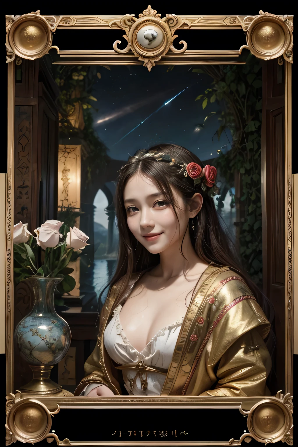 Giorgione painting style,Arguments of two female Philosophe,math、astronomical machine、astronaut、roses in vase、fruits、Cute trinkets、smile、ancient greek costume、Background is a forest lake at night 、Clothes that stretch your shoulders、A big smile、beautiful bare skin、A detailed representation of the seducing woman throughout her body.