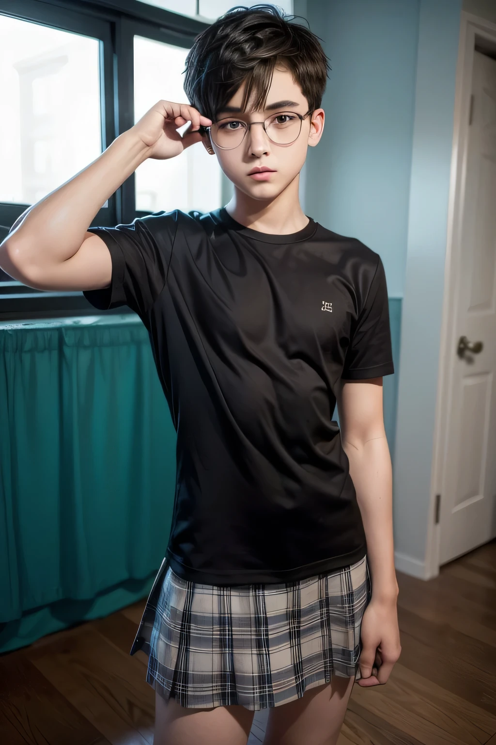 1boy, nice ass, boy haircut, femboy, sexy pose, male body, flat chest, teenager boy, teenage, male bodytype, dark hair, short hair, boy hair cut, honey eyes, looking at viewer, shy, sexy, very short hair, embarrassed, glasses, female short plaid skirt, all fours, ,masterpiece, high quality, curvy boy, boy face, girl body, tight clothes, flat chest