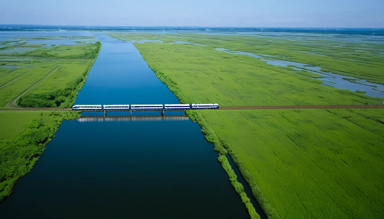 A train running through the Kushiro Marsh、Aerial view、landscape