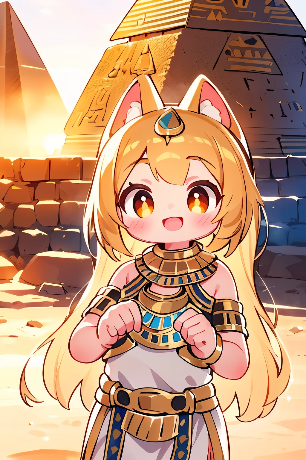 a young girl visiting the egyptian pyramids, smiling, adventurous style, energetic, highly detailed, photorealistic, 8k, hyperrealistic, extremely detailed, cinematic lighting, warm color tones, dramatic shadows, ornate jewelry, intricate clothing details, confident pose, dynamic composition, golden hour lighting, volumetric fog, atmospheric haze