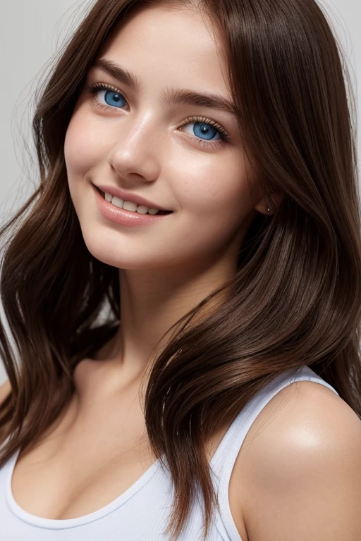16 years old girl, beautiful big striking blue eyes, delicate black eyebrows, rosy cheeks, red lips, smiling face very white skin, long wavy orange hair cascading around her face and shoulders, detailed eyelashes, photorealistic cyberpunk style, perfectly focused, creamy smooth complexion, beautifully lit by soft diffused studio lights, extremely fine details, finely textured skin and hair full head to toe photo, wearing sport leggings