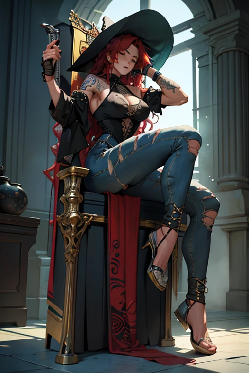 Red Head Girl with curly hair and tattoos of roses in shoulders and forearms,(((Full Body))) wearing blue top and ripped jeans, (((Sitting on a Throne))), sunglasses, carrying a katana. ((Sexy legs)) She has one eye of each color: Green on The light, blue on The left. Witch/Celtic wearstyle, in Brazil. The scene should be in Cinematic's distinctive real life style, focusing on the characters' expressions, colors naturals and detailed textures characteristic of the animations.