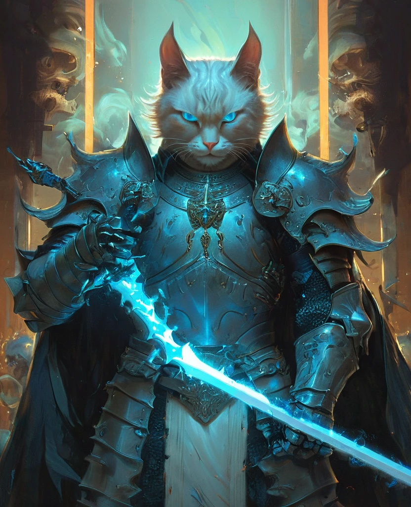 A cat knight with glowing cyan eyes, (Anthropomorphic cat:1.4), ethereal, angry, Dynamic pose, Still the movie, Cover Art, Vertical symmetry, The famous artwork of Artgerm and Goiz, Ninja, com.hkstyle, (Masterpiece, Best quality, Perfect configuration, Very aesthetic, Absurdities, Very detailed, Complex details, professional, Official art, Representative work:1.3)