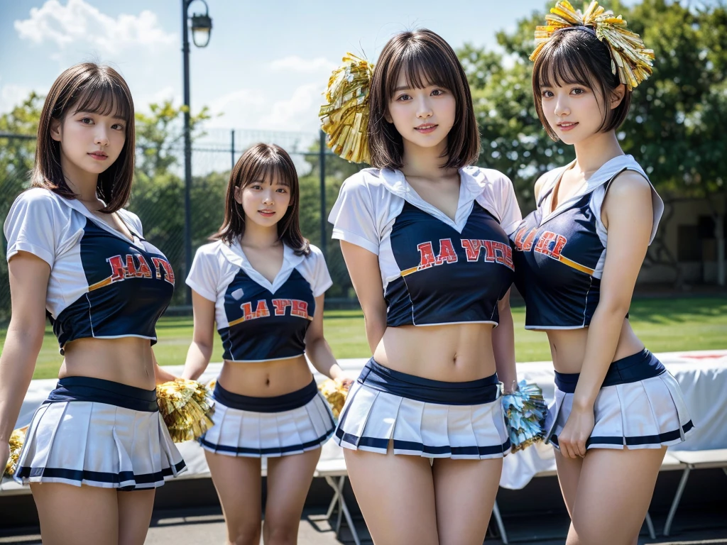 (RAW photo, 4k, masterpiece, high resolution, extremely complex) (realistic: 1.4), cinematic lighting
((2 girls, 2 schoolgirls)),blushing,((innocent)),bright eyes,round eyes,blunt bangs,(short bob hair:1.3),black hair,large breasts,wide hips,Summer Noon, ,Hot, (Best Quality), (Highres), (an Extremely Delicate and Beautiful),(Beautiful 8k face),(Brown eyes),( spectators),(gigantic breasts),(Play with each other,Touching each other's bodies,Touching the body),(cheer girl:1.5),(a miniskirt),(reality),bright lighting,(The background is a luxury hotel room)