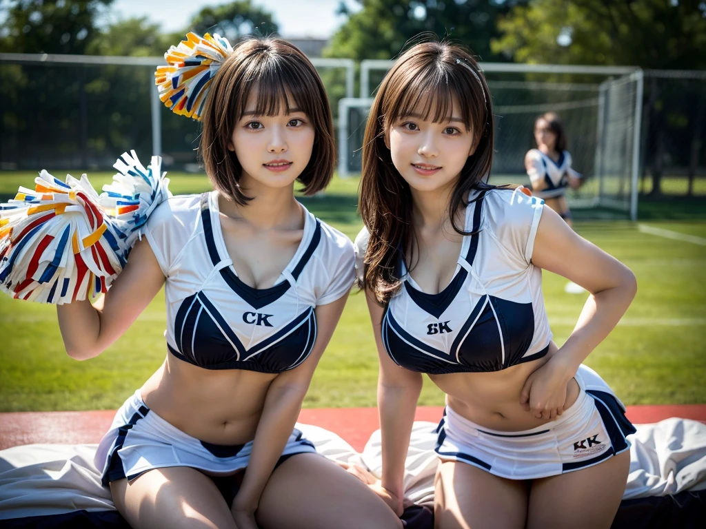 (RAW photo, 4k, masterpiece, high resolution, extremely complex) (realistic: 1.4), cinematic lighting
 ((2 girls, 2 schoolgirls)),blushing,((innocent)),bright eyes,round eyes,blunt bangs,(short bob hair:1.3),black hair,large breasts,wide hips,Summer Noon, ,Hot, (Best Quality), (Highres), (an Extremely Delicate and Beautiful),(Beautiful 8k face),(Brown eyes),( spectators),(gigantic breasts),(Play with each other,Touching each other's bodies,Touching the body),(cheer girl:1.5),(a miniskirt),(reality),bright lighting,(The background is a luxury hotel room)