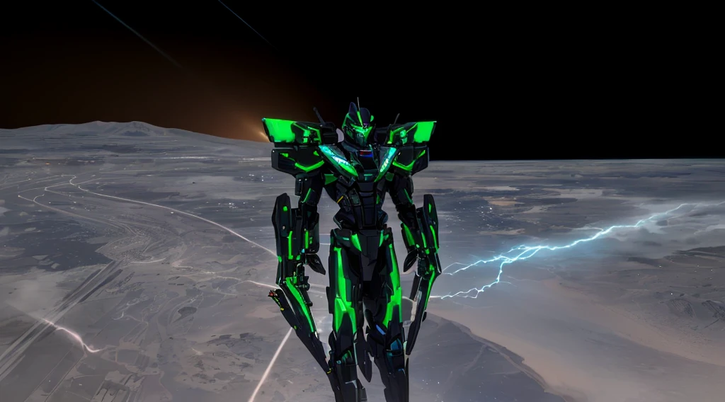 a black colored male transformer with green inserts, symmetrically arranged green parts, on the frontof the body not transparent cabin, on the back - aircraft's wings, arms from elbows to hands look like the front part of a aircraft, wheels are visible on the shoulders, on the legs from knees to the ankle there are aircraft's repulsors and small aircraft's tail wings, no helmet, light blue eyes, two legs, two arms, not a suit, on a background there is an empty dark blue metal desert, no buildings, no structures, dark blue storm clouds, light blue lightning from the clouds, blue river, river to the horizon, electrified river, light blue lightning from the river, space sky, stars in the sky, composition on the metal planet, big metalic planet, dark-blue metal, shiny metal, cybertron, mechanical planet, empty wasteland, dark blue storm clouds, light blue lightning from clouds, blue river, river to horizon, electrized river, light blue lightning from river, space sky, stars on the sky, realistic, watercolor, 4k, high quality, hight attention to details, concept art, concept art by Chris Mowry.