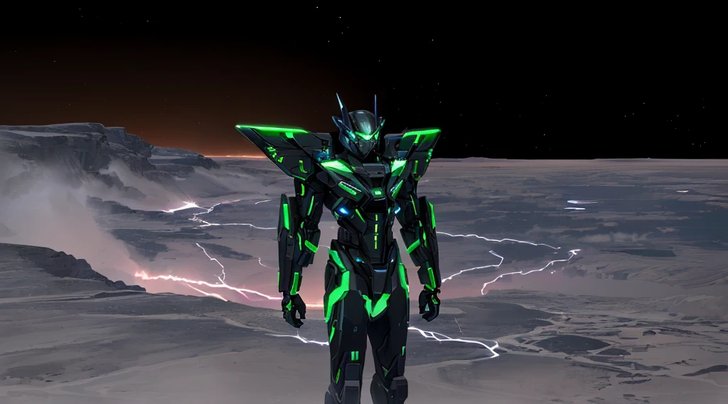 a black colored male transformer with green inserts, symmetrically arranged green parts, on the frontof the body not transparent cabin, on the back - aircraft's wings, arms from elbows to hands look like the front part of a aircraft, wheels are visible on the shoulders, on the legs from knees to the ankle there are aircraft's repulsors and small aircraft's tail wings, no helmet, light blue eyes, two legs, two arms, not a suit, on a background there is an empty dark blue metal desert, no buildings, no structures, dark blue storm clouds, light blue lightning from the clouds, blue river, river to the horizon, electrified river, light blue lightning from the river, space sky, stars in the sky, composition on the metal planet, big metalic planet, dark-blue metal, shiny metal, cybertron, mechanical planet, empty wasteland, dark blue storm clouds, light blue lightning from clouds, blue river, river to horizon, electrized river, light blue lightning from river, space sky, stars on the sky, realistic, watercolor, 4k, high quality, hight attention to details, concept art, concept art by Chris Mowry.