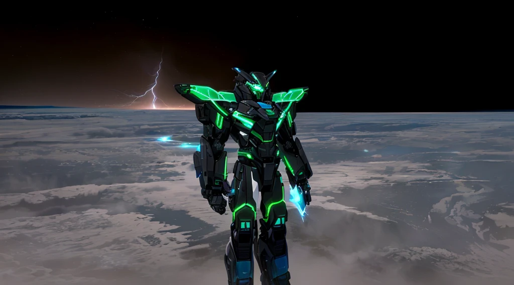 a black colored male transformer with green inserts, symmetrically arranged green parts, on the frontof the body not transparent cabin, on the back - aircraft's wings, arms from elbows to hands look like the front part of a aircraft, wheels are visible on the shoulders, on the legs from knees to the ankle there are aircraft's repulsors and small aircraft's tail wings, no helmet, light blue eyes, two legs, two arms, not a suit, on a background there is an empty dark blue metal desert, no buildings, no structures, dark blue storm clouds, light blue lightning from the clouds, blue river, river to the horizon, electrified river, light blue lightning from the river, space sky, stars in the sky, composition on the metal planet, big metalic planet, dark-blue metal, shiny metal, cybertron, mechanical planet, empty wasteland, dark blue storm clouds, light blue lightning from clouds, blue river, river to horizon, electrized river, light blue lightning from river, space sky, stars on the sky, realistic, watercolor, 4k, high quality, hight attention to details, concept art, concept art by Chris Mowry.