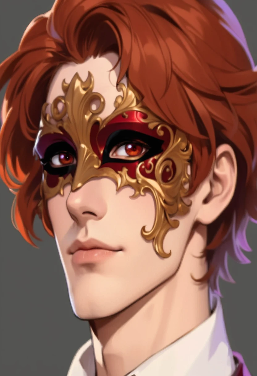 clean line art, sketch, manga, graphic novel, warm red sunlight, male man, violet and red venetian mask with gold twirls, victorian era, victorian style, anime style, masterpiece, european, victorian era, classical, slim, beautiful illustration, visual novel, highly detailed, masterpiece,