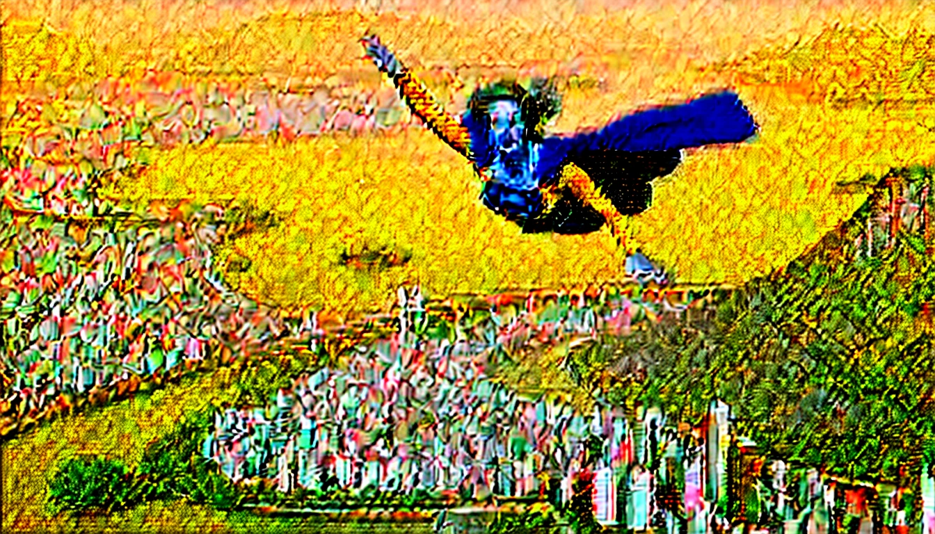 panoramic view; flying with determination; faster than a jet; strong old Meryl Streep((without glasses))) Superwoman 1984 costume (((50 years old; short hair))); determined, confident, imposing woman; airbender; floating above the Rio de Janeiro 1984 highway(((Lakes Region))); (heavy traffic; satellite view); superhero pose flying through the skies 