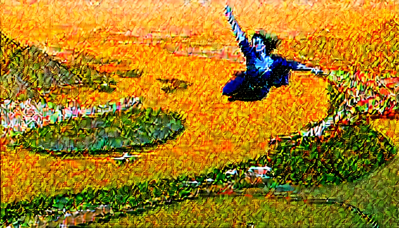 panoramic view; flying with determination; faster than a jet; strong old Meryl Streep((without glasses))) Superwoman 1984 costume (((50 years old; short hair))); determined, confident, imposing woman; airbender; floating above the Rio de Janeiro 1984 highway(((Lakes Region))); (heavy traffic; satellite view); superhero pose flying through the skies