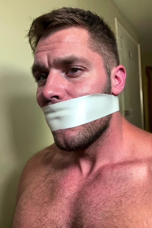 middle-aged handsome man half body, hairy chest, naked, short brown hair, stubble, facial hair, bearded, white tape gag, tape wrapped, wrap gag, tightly bound, tape wrapped around face