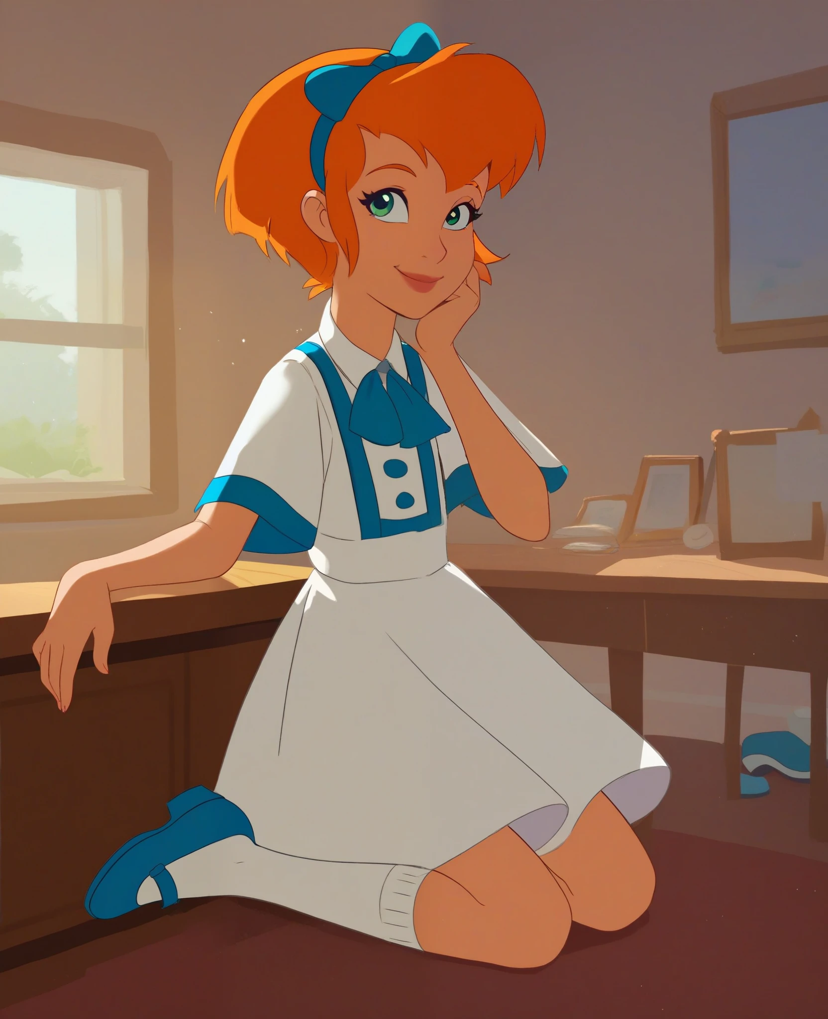 score_8, score_9, cecilia, 1 girl, solo, orange hair, short hair, green eyes, dress, hairband, smile, indoors, white socks, blue shoes, in rich apartment 